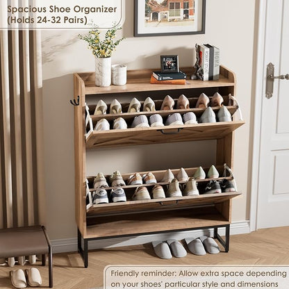 Nicetree Shoe Cabinet with 2 Flip Drawers，Freestanding Shoe Storage Cabinet, Narrow Shoe Organizer Cabinet, Farmhouse Slim Shoe Rack Cabinet for Entryway, Oak with Hook