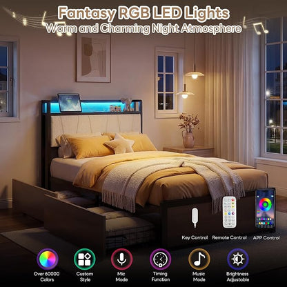 LIKIMIO Twin XL Bed Frame with 2 Storage Drawers, Charging Station & LED Lights, Twin XL Bed with Boucle Upholstered Headboard, Strong Metal Slats, No Box Spring Needed, Easy Assembly, Wood/Cream
