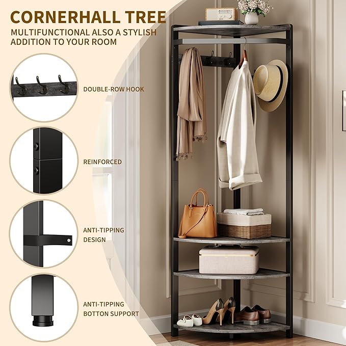 Coat Rack Freestanding with 6 Double Hooks, Shoe Bench & Storage Shelf - Freestanding Hall Tree Organizer for Entryway, Bedroom, Living Room, Space-Saving,Stone Grey