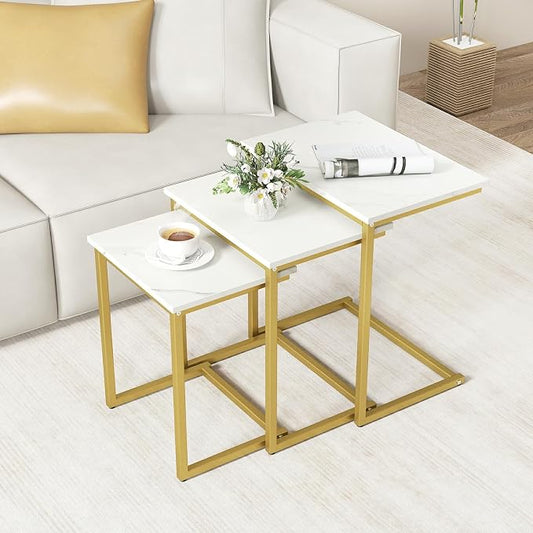 GOFLAME Nesting Coffee Tables Set of 3, Rectangular Nesting Center Table with Faux Marble Top & Metal Frame, Modern C-Shaped Nested Side Table Set for Living Room, Bedroom, Gold & White