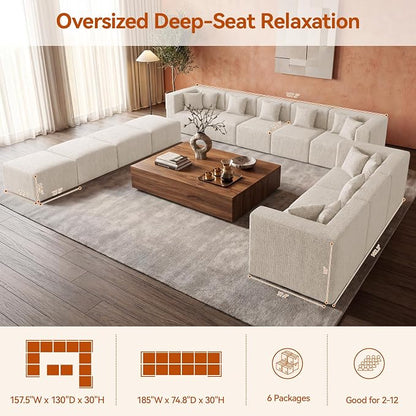 MONVANE Modular Sectional Sofa, Oversized 12 Seat Convertible U Shaped Couch with Ottoman, Comfy Chenille Cloud Couch with Deep Seat, Sectional Couches for Living Room, No Assembly Required, Beige