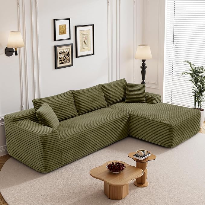 95" L Shaped Boneless Sectional Couches, Wide Armrest, Deep Seat, Memory Foam, Assembly Free, Modern Comfy Corduroy Fluffy Cloud Sofa with Right Chaise for Living Room, Small Spaces, Green