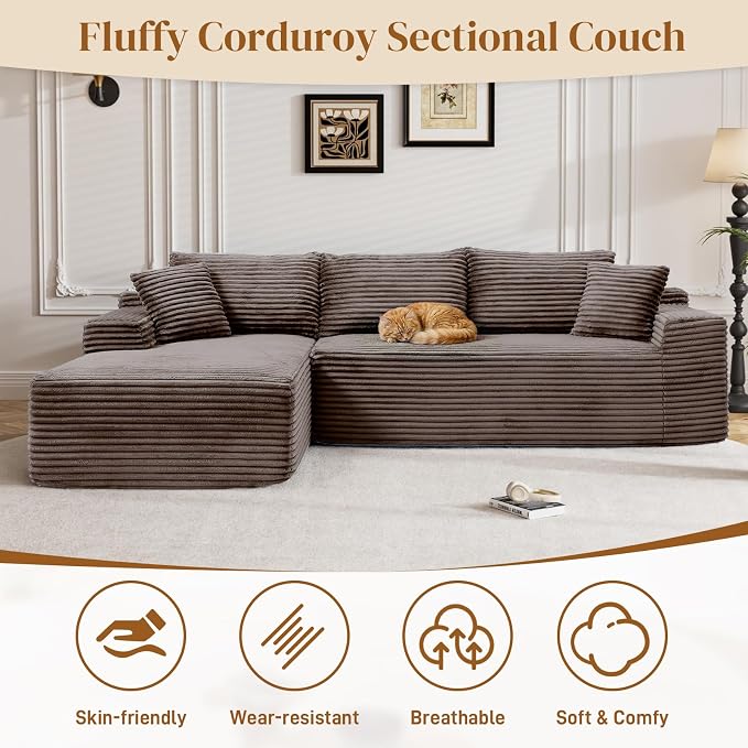 95" L Shaped Boneless Sectional Couches, Wide Armrest, Deep Seat, Memory Foam, Assembly Free, Modern Comfy Corduroy Fluffy Cloud Sofa with Left Chaise for Living Room, Small Spaces, Brown
