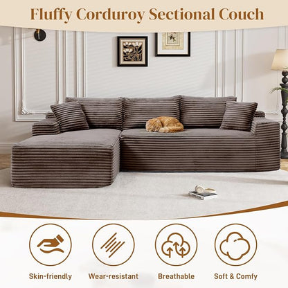 95" L Shaped Boneless Sectional Couches, Wide Armrest, Deep Seat, Memory Foam, Assembly Free, Modern Comfy Corduroy Fluffy Cloud Sofa with Left Chaise for Living Room, Small Spaces, Brown