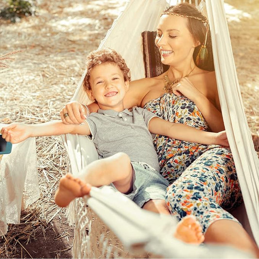 Double Boho Macrame Hammock with Elegant Tassels for Patio, Yard, Beach Wedding Decor, Outdoor and Indoor Up to 450lbs Include Tie Ropes and Drawstring Bag