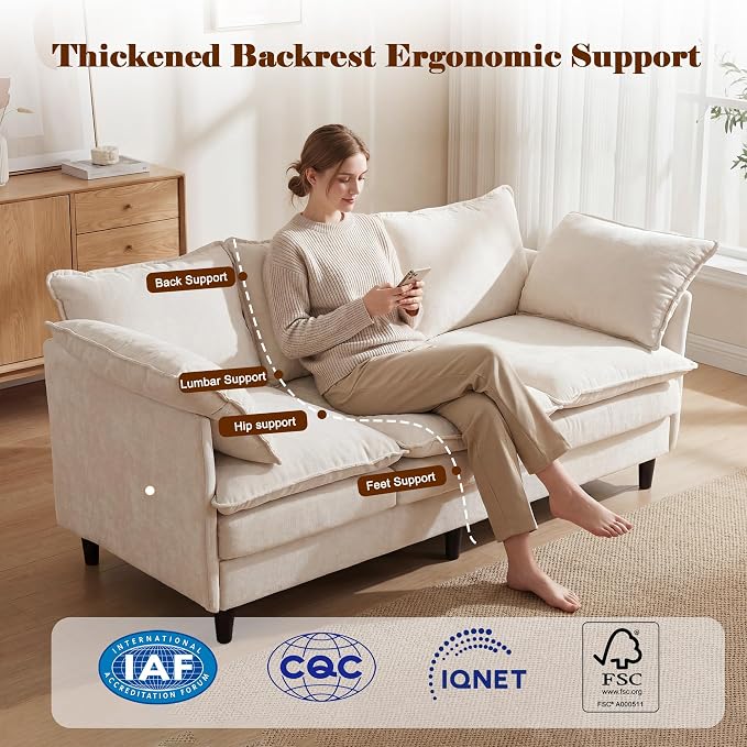 3 Seater Couch Sofa, 69" Small Couch Modern Cozy Comfy Cloud Chenille Sofa 23" Deep 1 Box & 2 Pillows & Washable Cover Couches for Living Room Bedroom Apartment Office 69-Beige-1
