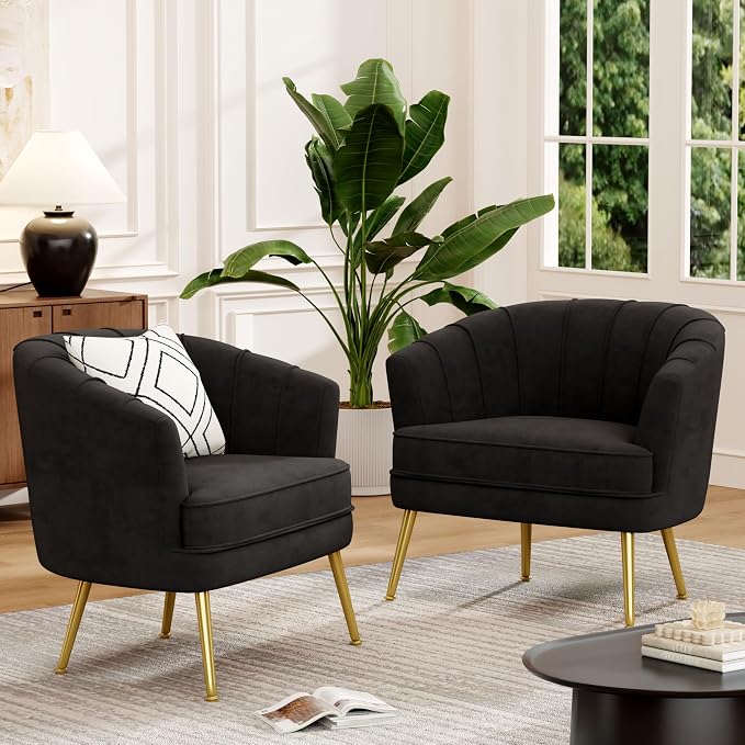 Andeworld Velvet Accent Chair Set of 2, Upholstered Modern Single Sofa Side Chair,Comfy Barrel Club Living Room Armchair with Golden Metal Legs for Bedroom Living Reading Room Office, Black