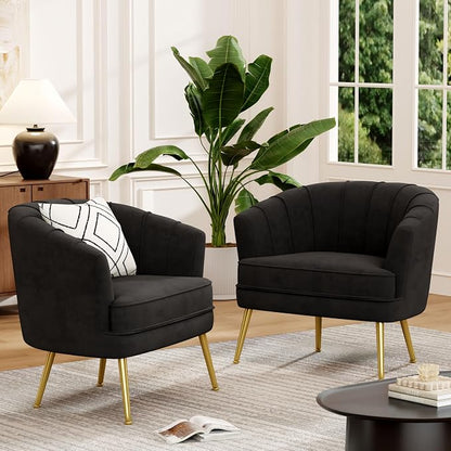 Andeworld Velvet Accent Chair Set of 2, Upholstered Modern Single Sofa Side Chair,Comfy Barrel Club Living Room Armchair with Golden Metal Legs for Bedroom Living Reading Room Office, Black