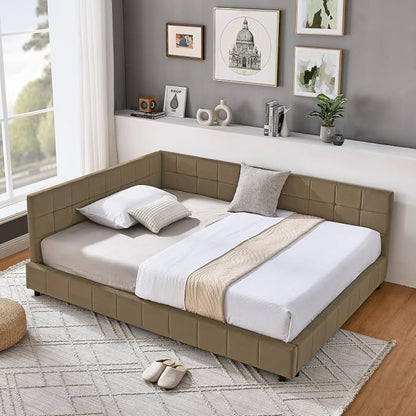 KEIKI Full Size L Shape Corner Bed Frames with Backrest and Armrests, Velvet Upholstered Sofa Daybed for Small Room, Living Room, Bedroom, Guest Room, Kids' Room
