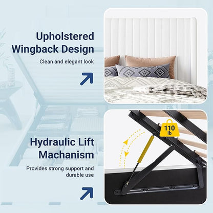 Allewie Queen Size Lift Up Storage Bed Frame, Hydraulic Support System, Upholstered Platform Bed Frame, Underneath Storage, Vertical Channel Tufted Headboard with Wingback, No Box Spring Needed, White