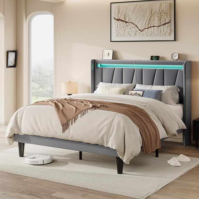 Allewie Full Size LED Bed Frame with Charging Station, Velvet Upholstered Platform Bed with Geometric Wingback Headboard, Modern Frame with No Box Spring Needed, Easy Assembly, Grey