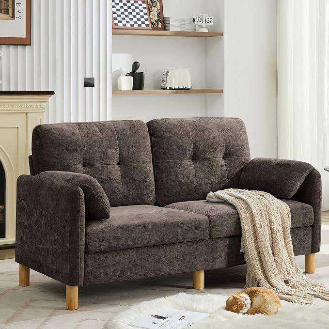 WUTUTUEE 65" Chenille Loveseat Sofa, Modern 2-Seater Love Seat Couch with Armrest Pillows, Storage Pockets, Easy Assembly, Upholstered Tufted Loveseat Couches for Living Room Bedroom, Brown