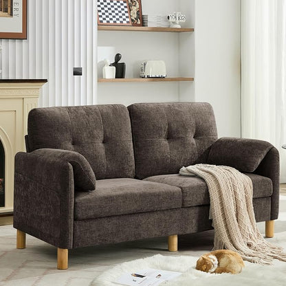 WUTUTUEE 65" Chenille Loveseat Sofa, Modern 2-Seater Love Seat Couch with Armrest Pillows, Storage Pockets, Easy Assembly, Upholstered Tufted Loveseat Couches for Living Room Bedroom, Brown