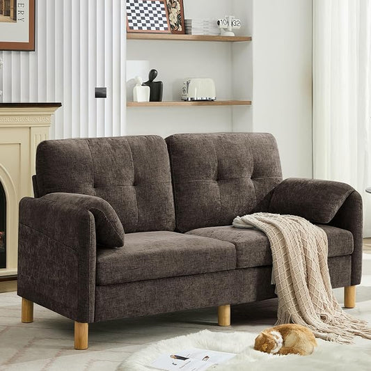 WUTUTUEE 65" Chenille Loveseat Sofa, Modern 2-Seater Love Seat Couch with Armrest Pillows, Storage Pockets, Easy Assembly, Upholstered Tufted Loveseat Couches for Living Room Bedroom, Brown