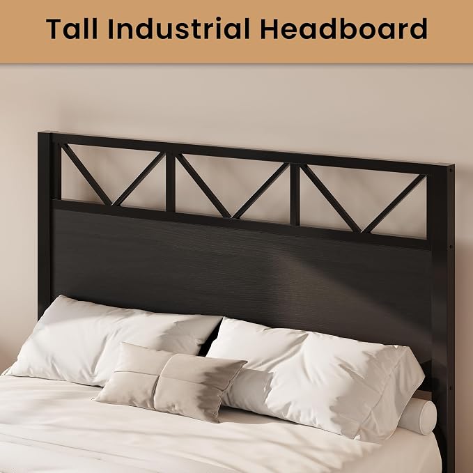 LIKIMIO Queen Bed Frame, Tall Industrial Headboard 51.2 ", Platform Bed Frame with Strong Metal Support, Solid and Stable, Noise Free, No Box Spring Needed, Easy Assembly, Black