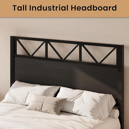 LIKIMIO Queen Bed Frame, Tall Industrial Headboard 51.2 ", Platform Bed Frame with Strong Metal Support, Solid and Stable, Noise Free, No Box Spring Needed, Easy Assembly, Black