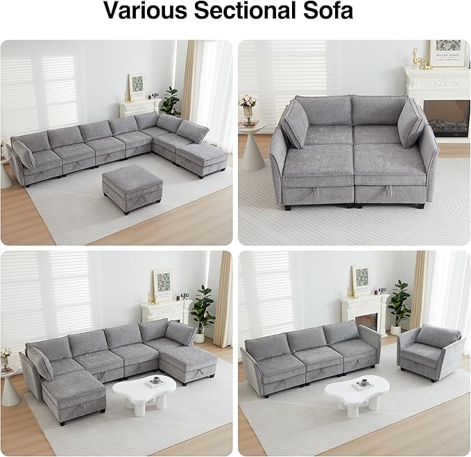 ORRD Corner Modular Sectional Sofa Set, Convertible L Shaped Couch with Storage, 6 Seater Sofa Modular with Ottomans and Reversible Chaise for Living Room, Office (Grey)