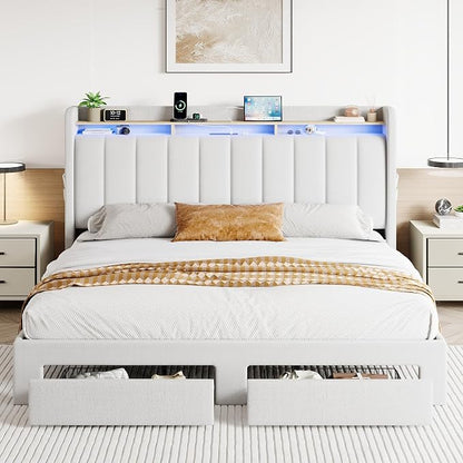 SHA CERLIN Velvet King Size Bed Frame with Vertical Channel Tufted Wingback Headboard & 2 Storage Drawers/2-Tier Shelves with LED Lights & Charging Station/Noise-Free/No Box Spring Needed/White
