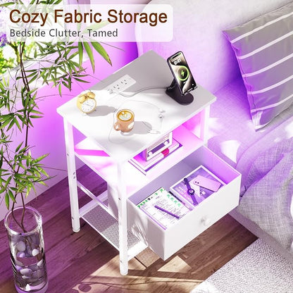 LOAKEKEL LED Night Stand with Charging Station, Small Bedside Table with USB Ports & Outlets, Fabric Storage Drawer with PU Finish for Bedroom, White, HETS01WT-1