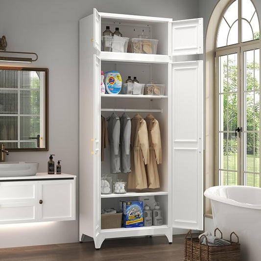 Metal Armoire Wardrobe Closet with Doors, 86" Tall Wardrobe Cabinet, White Clothing Storage Cabinets with Adjustable Shelves for Bedroom, Home Office