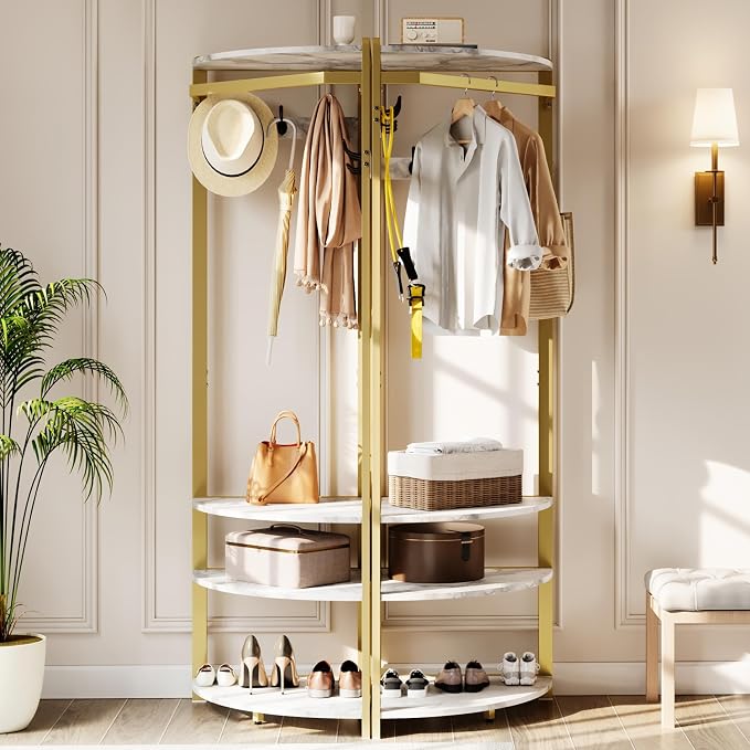 Coat Rack Freestanding with 6 Double Hooks, Shoe Bench & Storage Shelf - Freestanding Hall Tree Organizer for Entryway, Bedroom, Living Room, Space-Saving,Gold+Marble White
