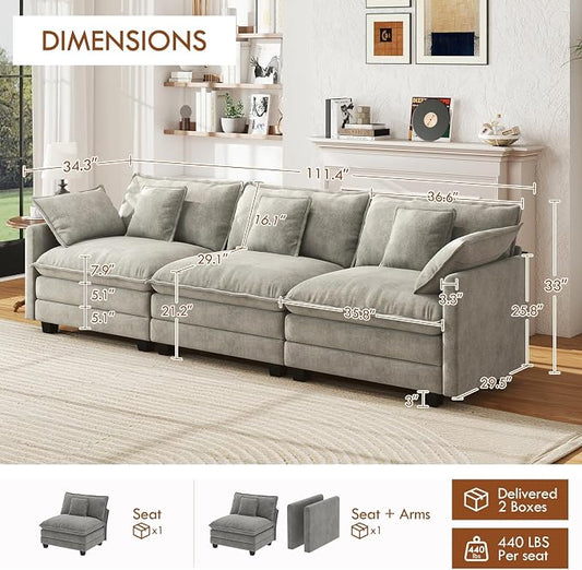WorthFurni 111.4” Cloud Couch, Modular Sectional Sofa, Comfy Modern 3-Seater Couches with Pillows & Upholstered Deep Seat Cushion for Apartment Living Room Bedroom （Grey）