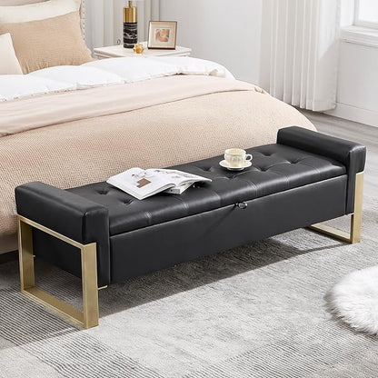 67'' End of Bed Storage Bench, Storage Ottoman Bench for Bedroom King Size, Modern Faux Leather Benches for Foot of Bed with Gold Legs for Window Living Room Entryway, Black