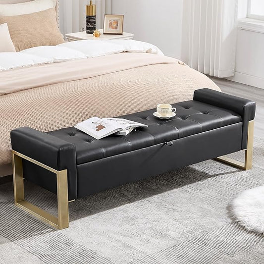 67'' End of Bed Storage Bench, Storage Ottoman Bench for Bedroom King Size, Modern Faux Leather Benches for Foot of Bed with Gold Legs for Window Living Room Entryway, Black