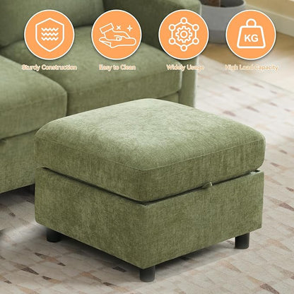 WUTUTUEE 25" Square Storage Ottoman for Modular Sectional Sofa, Convertible Couch Footrest with Hidden Compartment, Chenille Upholstered Coffee Table & Extra Living Room Seating, Green