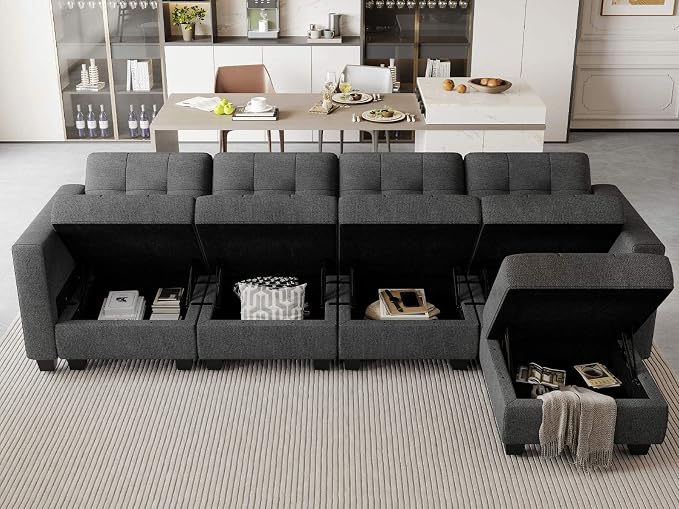 Belffin Convertible Modular Sectional Sofa Couch with Storage Seat L Shaped 4-Seat Sofa Couch with Reversible Chaise Modular Sectional Fabric Dark Grey