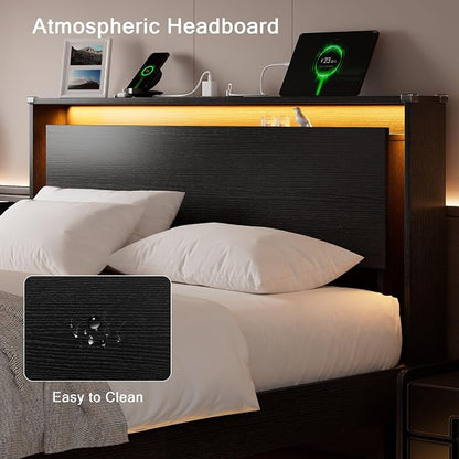 Einhomn Bed Frame Queen Size with LED Lights & Charging Station – Kids Wood Floating Queen Bed Frame with Storage Headboard, Adhesive Slats, Kick-Free & Noise-Free Design, Easy Assembly, Black