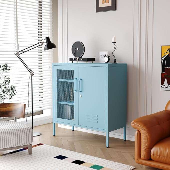 Recessed Double Adjustable Shoe Cabinet with Lock Steel Storage Cabinet for Foyer Living Room Bathroom Kitchen Blue Size：33" H x 29.5" W x 13.8" D