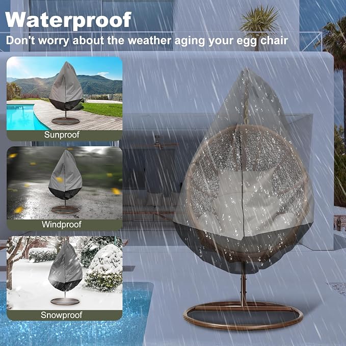 Egg Chair Cover Waterproof, 75x45 Inch Outdoor Hanging Egg Swing Chair Cover, Heavy Duty 420D Oxford Fabric, UV Resistant Windproof with Zipper & Drawstring, Fits Single Seat Egg Chair (Dark Grey)