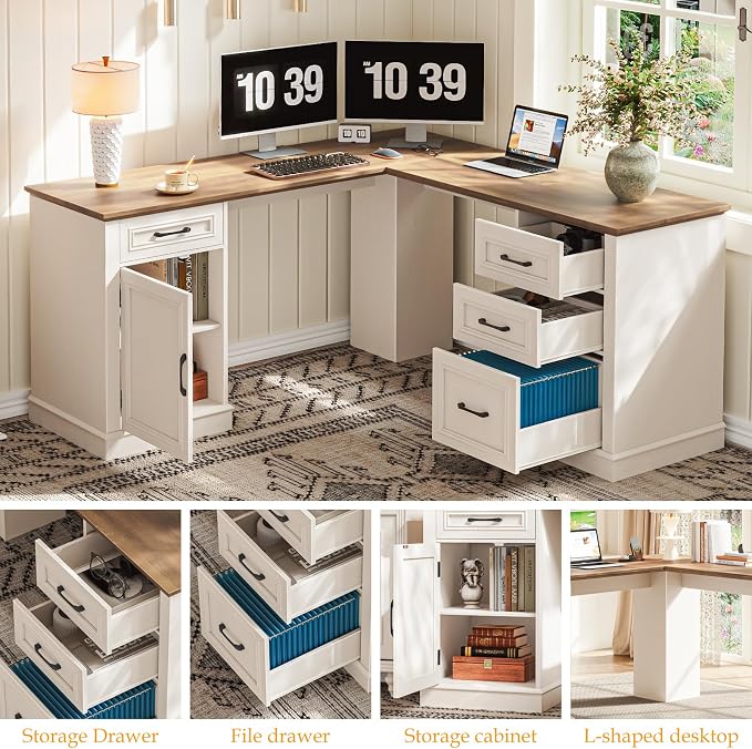 Vabches Farmhouse 59" L-Shaped Executive Desk with Drawers, Wood Home Office Corner Desk with File Drawer, Storage Cabinet, Rustic Computer Writing Desk for Home Office (Unique White)