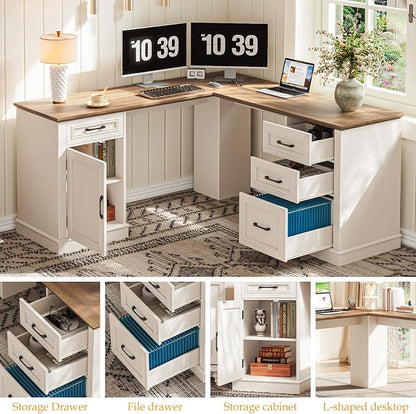 Vabches Farmhouse 59" L-Shaped Executive Desk with Drawers, Wood Home Office Corner Desk with File Drawer, Storage Cabinet, Rustic Computer Writing Desk for Home Office (Unique White)