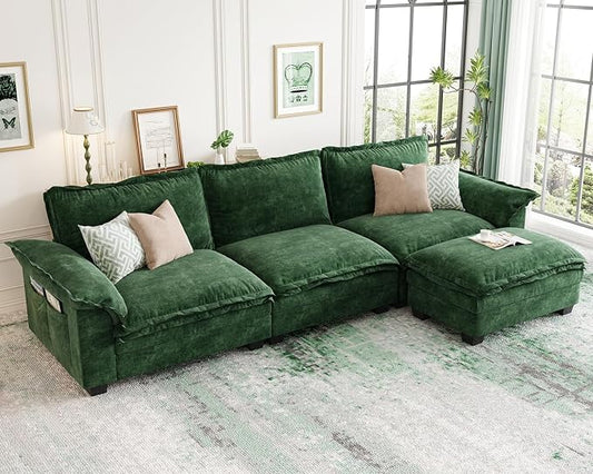 KKL 123 Inch L-Shaped Modular Sectional Sofa, 4 Seater Cloud Couch with Ottoman, Chenille Sectional Couches for Living Room, Apartment, Green