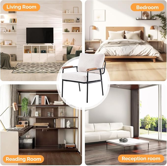 VINGLI Mid-Century Modern Accent Armchiar for Small Space, Small Comfy Upholstered Leisure Reading Chair with Wood Armrest for Bedroom, Living Room, Waiting Room, Linen Beige