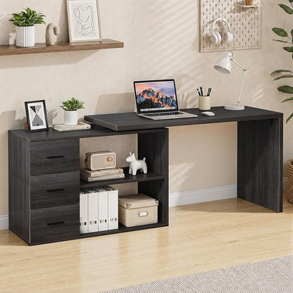 HSH Dark Grey L Shaped Computer Corner Desk with 3 Storage Drawers 55 inch | Reversible Home Office Corner Desk with 2 Open Side Shelves Modern Wood Executive L Desks for Bedroom,Study Workstation