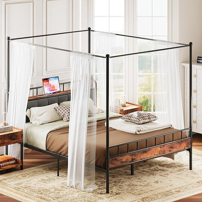 LIKIMIO Canopy Bed Frame Queen, Storage Headboard with Charging Station, Platform Bed with 4 Removable Sturdy Posts, Noise Free, No Box Spring Needed, Vintage Brown