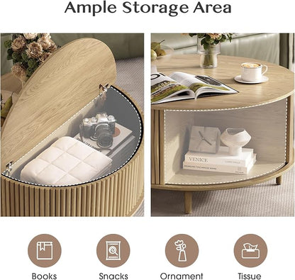 JOINICE,Round Coffee Table with Storage, 31.5" Natural Oak Fluted Center Table with Sliding Door, Modern Circle Drum Table for Living Room, Scandi Wood Furniture for Small Spaces