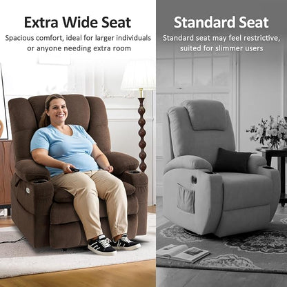 MCombo Big Man Power Lay Flat Lift Chair, Triple Motor Power Lift Recliner with Massage & Dual Heating, Adjustable Headrest, Fabric R7635 (Coffee, Large-Wide)