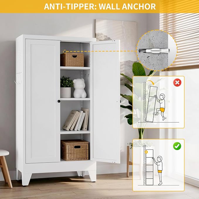 Metal Pantry Cabinet, Kitchen Pantry Storage Cabinets with 2 Doors and 3 Adjustable Shelves, White Kitchen Pantry Cabinet for Dining Room, Living Room, Assemble Required (White)