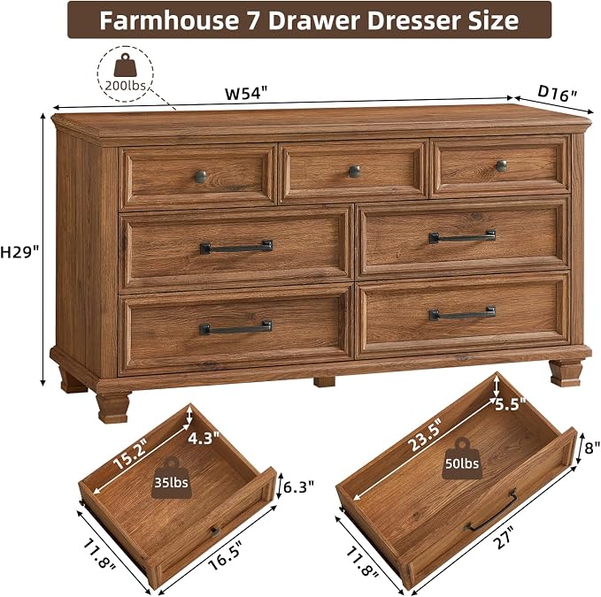 SAVOR LIFE Farmhouse 7 Drawer Dresser for Bedroom, 54” Horizontal Dressers & Chests of Drawers with Thickened Tabletop & Square Table Legs, Brown