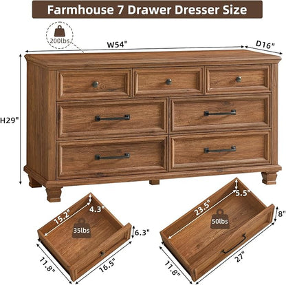 SAVOR LIFE Farmhouse 7 Drawer Dresser for Bedroom, 54” Horizontal Dressers & Chests of Drawers with Thickened Tabletop & Square Table Legs, Brown