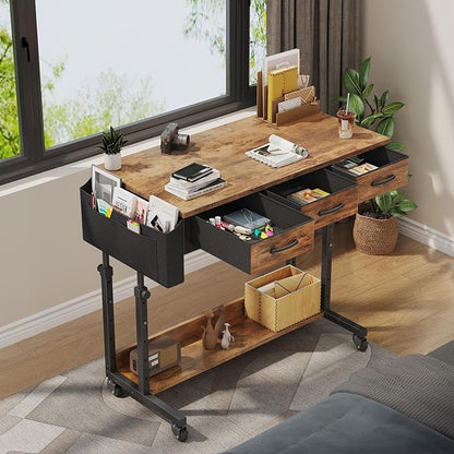 WINAZ Rolling Standing Desk Adjustable Height with Drawers on Wheels, 40 Inch Portable Mobile Stand Up Computer Desks for Bedroom Home Office, Couch Sofa Side Laptop Table with Storage, Rustic Brown