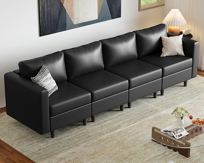 ABCASA Faux Leather Modular Sectional Sofa with Storage Seat, 118.5" 4 Seater Couch Deep Seat with Removable Cover Black