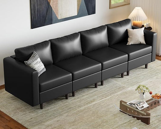 ABCASA Faux Leather Modular Sectional Sofa with Storage Seat, 118.5" 4 Seater Couch Deep Seat with Removable Cover Black
