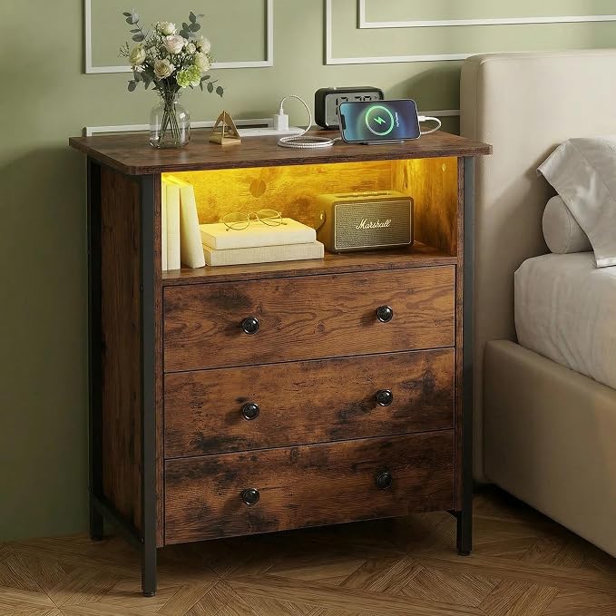 27 Inch Wide Nightstand Set of 2 with Charging Station, Large Nightstand Set 2 with 3 Wood Drawers & LED Lights, Big Bedside Table with Open Shelf for Bedroom, Guest Room, Office, Retro.
