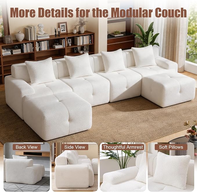 135" Cloud Couch Sectional with 2 Ottoman, U-Shaped Boneless Sofa,Modern Modular Couch, Pineapple Grid Fabric with Foam & Spring Filling for Living Room, No Assembly Required (White, 4seates)