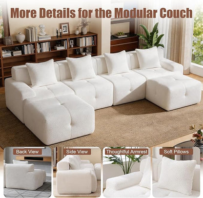 135" Cloud Couch Sectional with 2 Ottoman, U-Shaped Boneless Sofa,Modern Modular Couch, Pineapple Grid Fabric with Foam & Spring Filling for Living Room, No Assembly Required (White, 4seates)